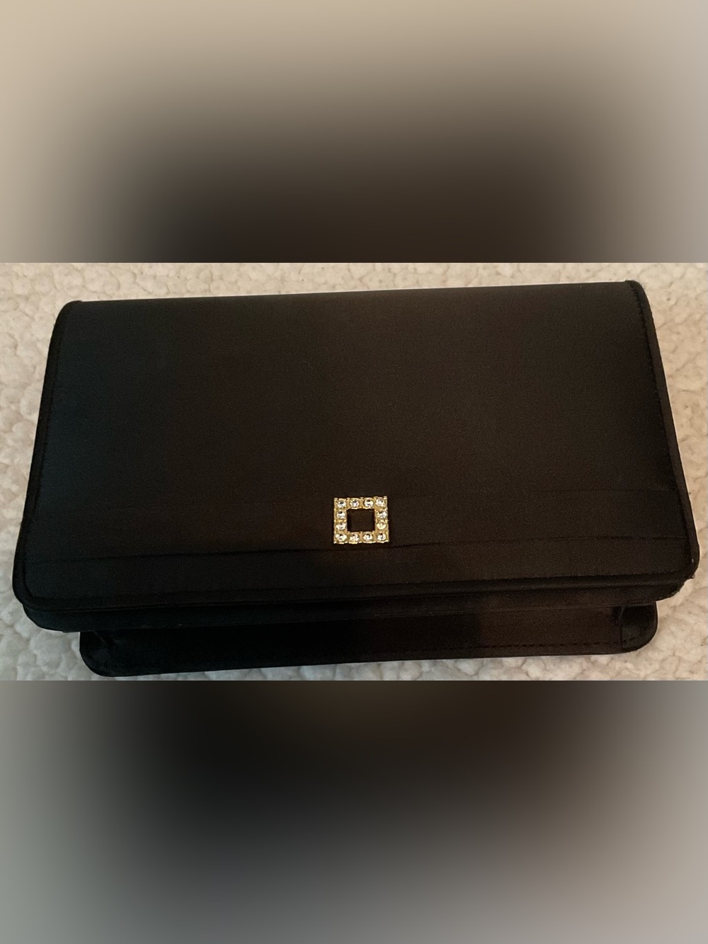 Valerie Steven’s Black Clutch Bag with Crystal Square Accent